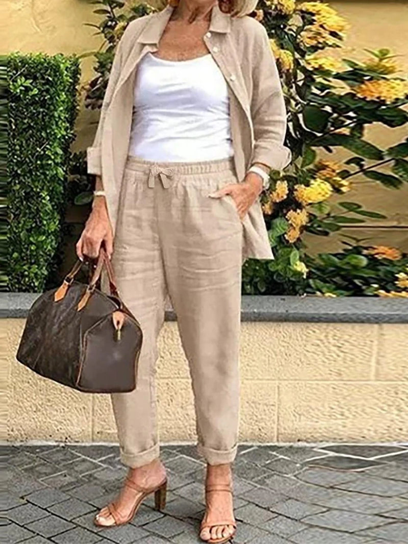 Cotton Linen Set Women Spring Summer Loose Oversize Long Sleeve Shirt Long Pants 2 Piece Sets Casual Office Ladies Trousers Suit