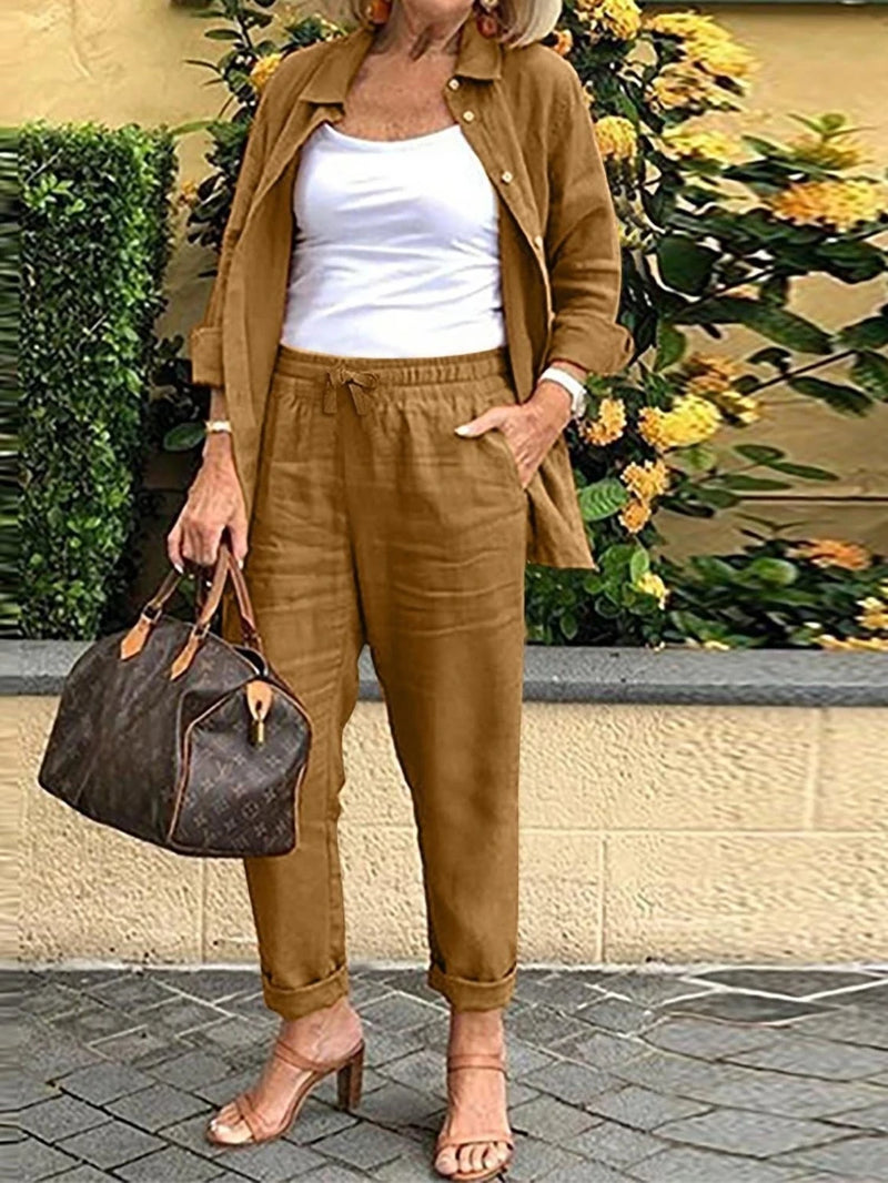 Cotton Linen Set Women Spring Summer Loose Oversize Long Sleeve Shirt Long Pants 2 Piece Sets Casual Office Ladies Trousers Suit