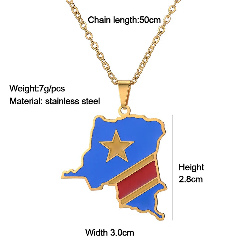 Discover Your Roots with the Elegant Congo Map Flag Pendant Necklace - Unisex Stainless Steel Ethnic Jewelry in Gold and Steel Colors