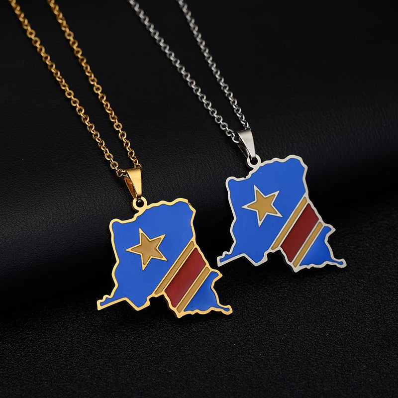 Discover Your Roots with the Elegant Congo Map Flag Pendant Necklace - Unisex Stainless Steel Ethnic Jewelry in Gold and Steel Colors