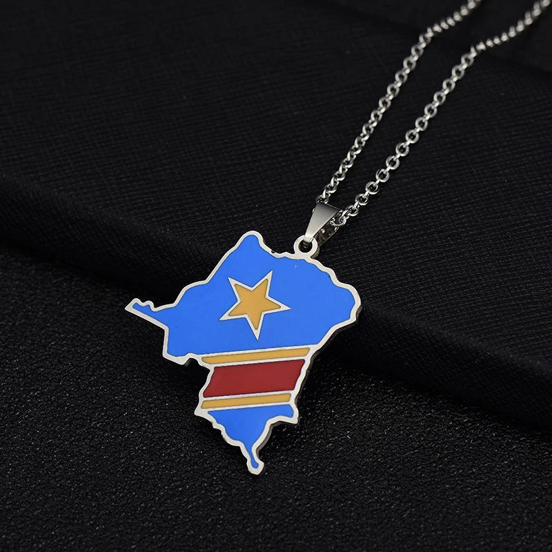 Discover Your Roots with the Elegant Congo Map Flag Pendant Necklace - Unisex Stainless Steel Ethnic Jewelry in Gold and Steel Colors