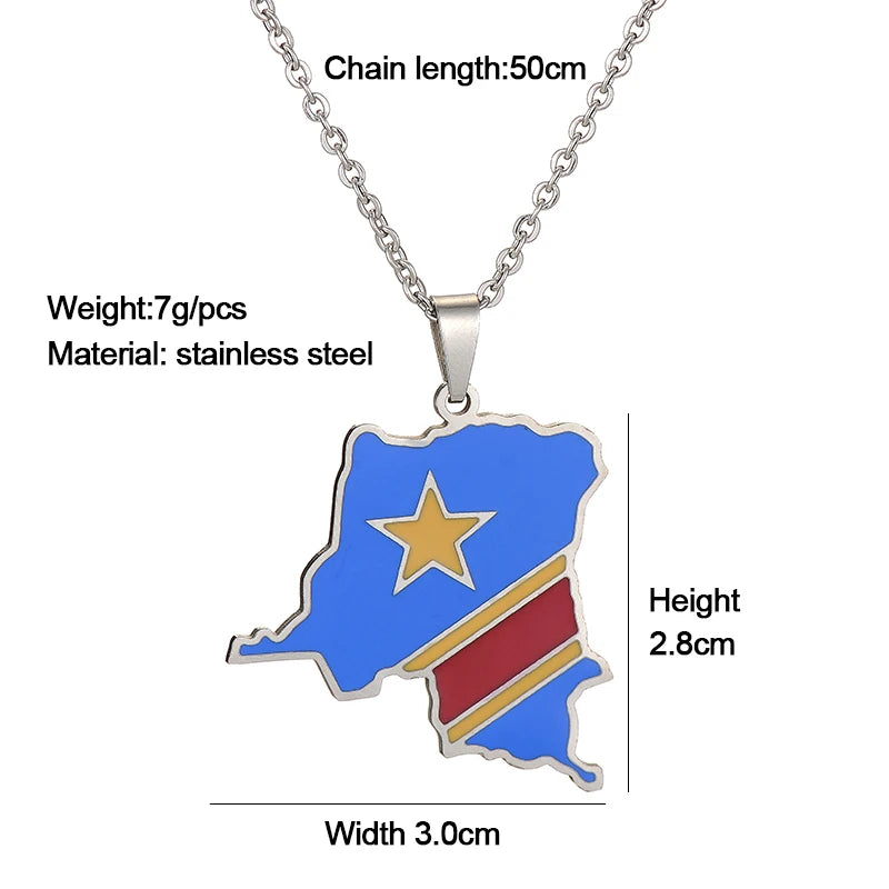 Discover Your Roots with the Elegant Congo Map Flag Pendant Necklace - Unisex Stainless Steel Ethnic Jewelry in Gold and Steel Colors