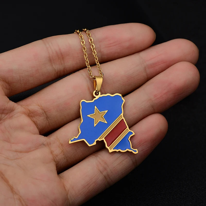 Discover Your Roots with the Elegant Congo Map Flag Pendant Necklace - Unisex Stainless Steel Ethnic Jewelry in Gold and Steel Colors