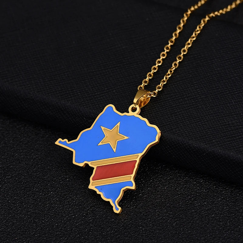 Discover Your Roots with the Elegant Congo Map Flag Pendant Necklace - Unisex Stainless Steel Ethnic Jewelry in Gold and Steel Colors