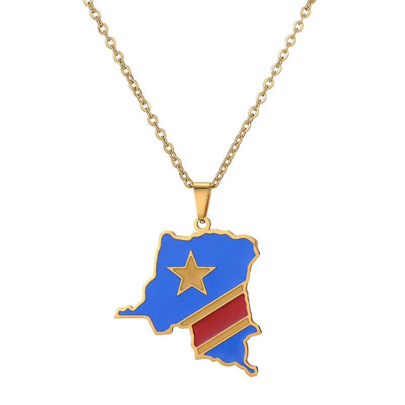 Discover Your Roots with the Elegant Congo Map Flag Pendant Necklace - Unisex Stainless Steel Ethnic Jewelry in Gold and Steel Colors