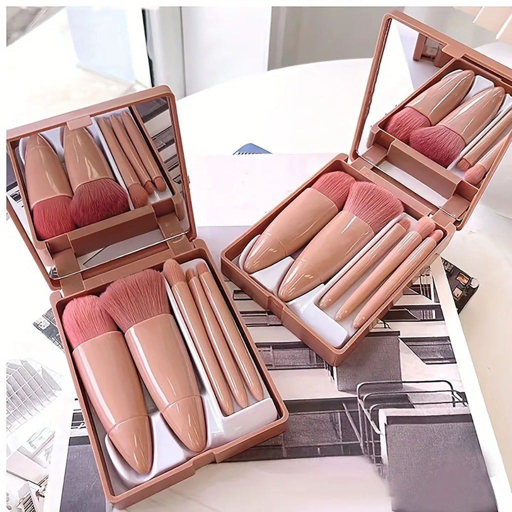 Transform Your Beauty Game: 5-Piece Portable Makeup Brush Set with Mirror - Your Ultimate Travel Essential!