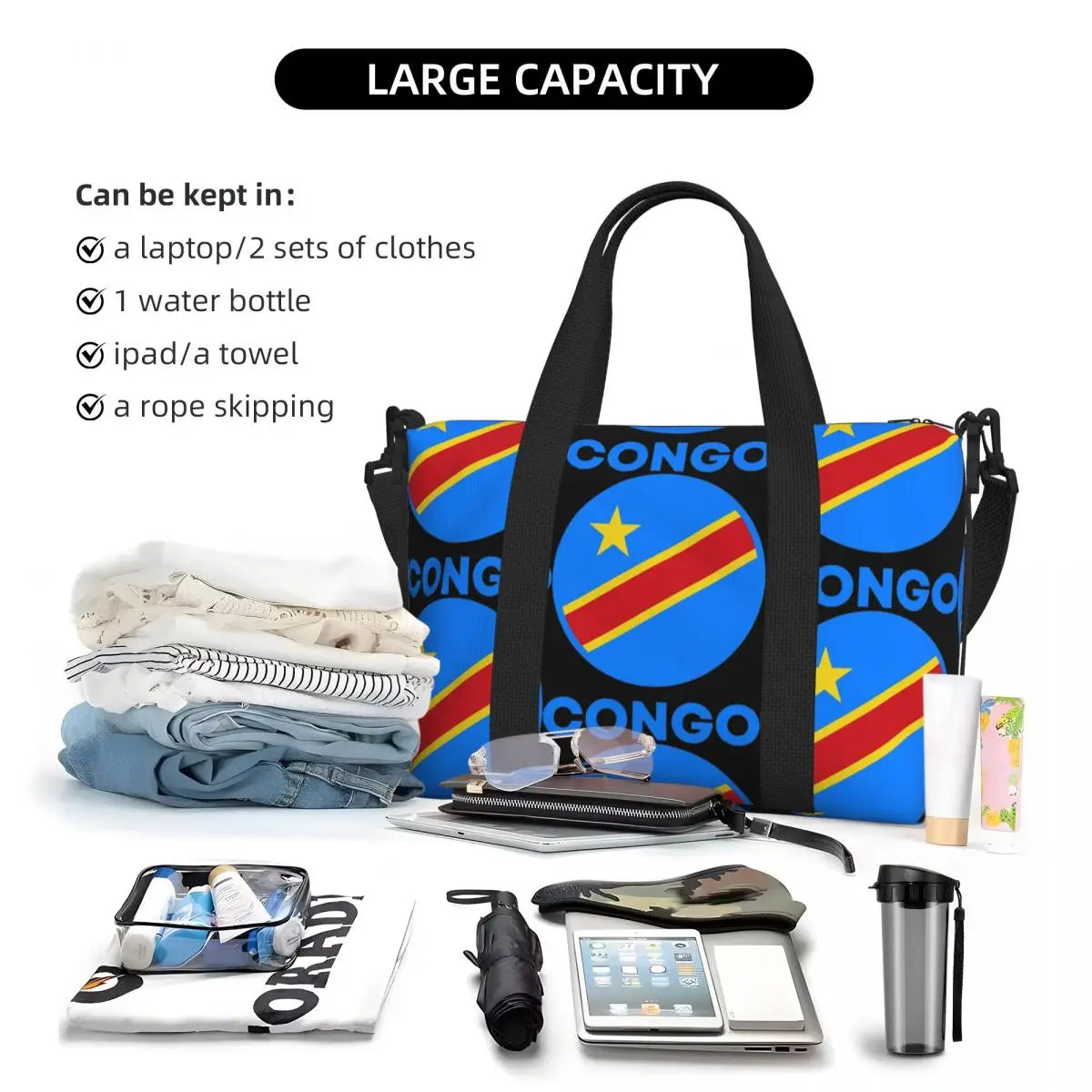 Stylish Large Capacity Congo Kinshasa Flag Duffle Bag - Perfect for Gym, Travel, and Shopping!