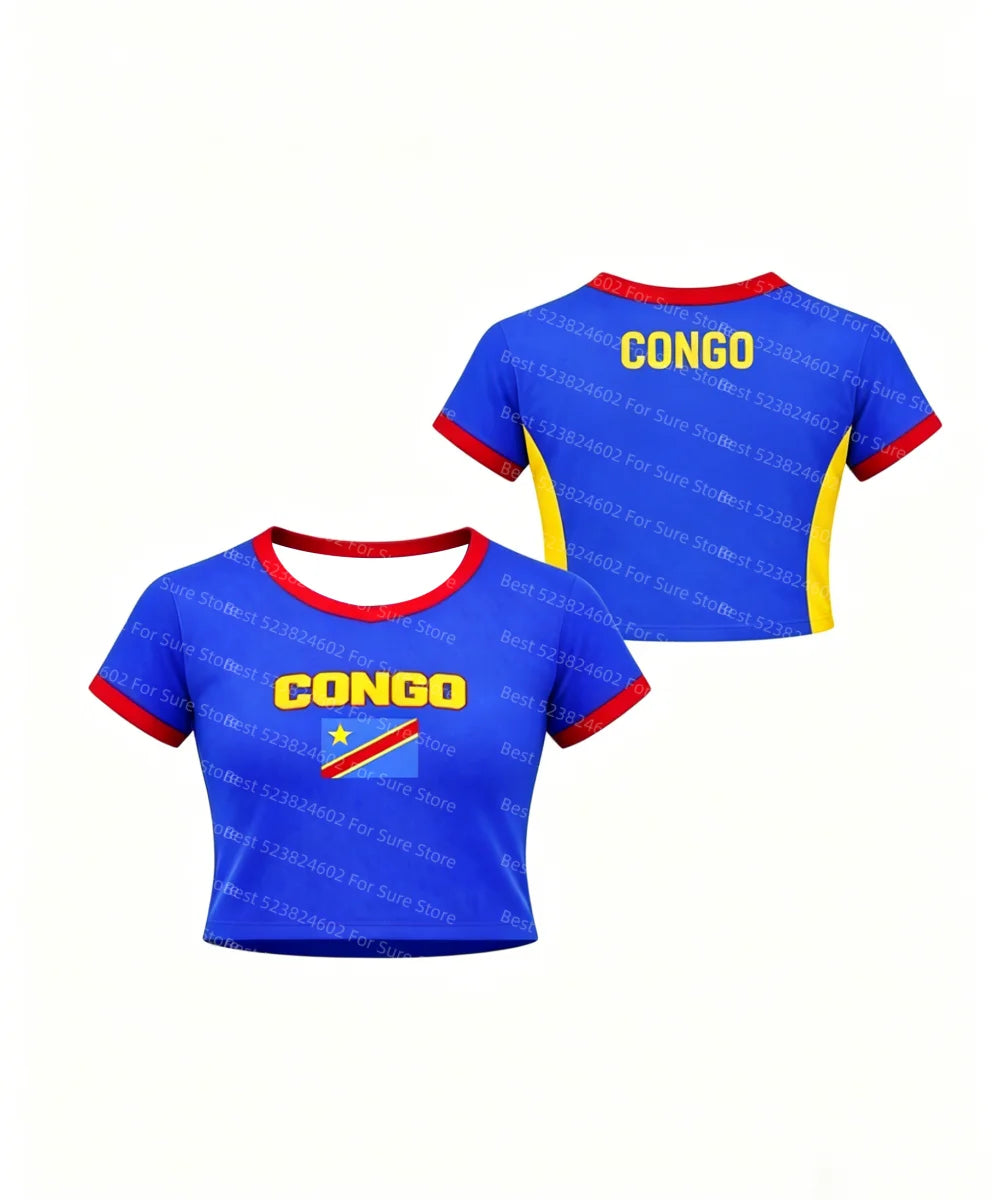 Celebrate Your Congolese Pride with Our Women’s Short Sleeve Congo Flag Crop Top – Perfect for Football Fans and Casual Streetwear!