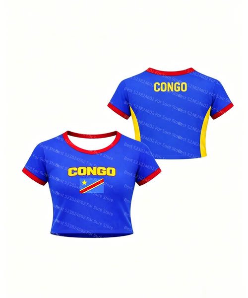 Celebrate Your Congolese Pride with Our Women’s Short Sleeve Congo Flag Crop Top – Perfect for Football Fans and Casual Streetwear!