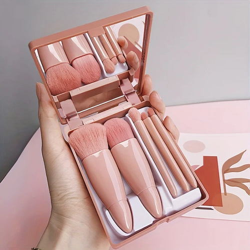 Transform Your Beauty Game: 5-Piece Portable Makeup Brush Set with Mirror - Your Ultimate Travel Essential!