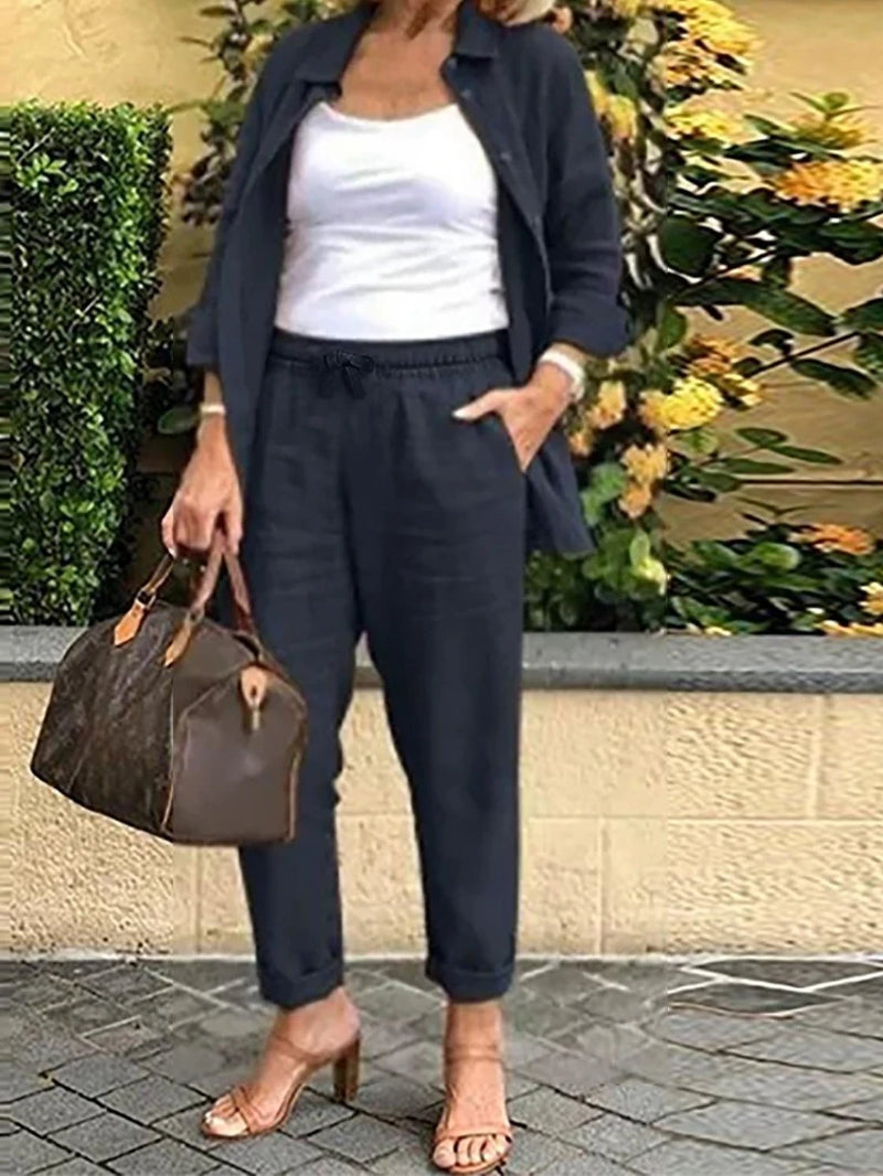 Cotton Linen Set Women Spring Summer Loose Oversize Long Sleeve Shirt Long Pants 2 Piece Sets Casual Office Ladies Trousers Suit