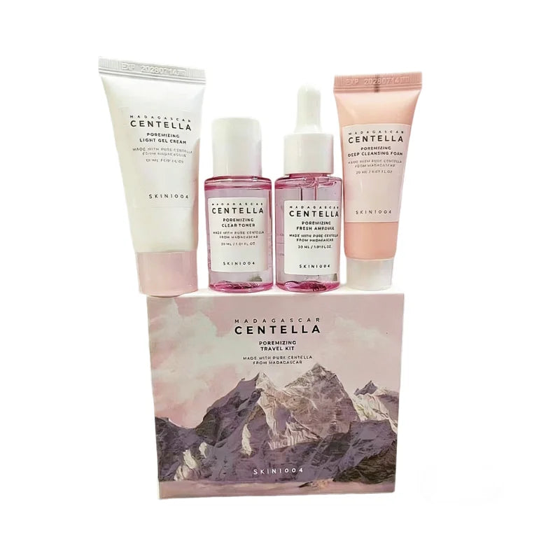 Transform Your Skincare Routine with the Korean Centella Pink Salt Travel Kit: Pore Minimizing Toner, Foam, Pore Care Fresh Ampoule, and Light Gel Cream for Radiant Skin Anywhere!