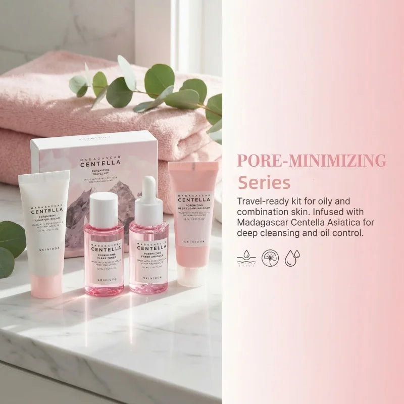 Transform Your Skincare Routine with the Korean Centella Pink Salt Travel Kit: Pore Minimizing Toner, Foam, Pore Care Fresh Ampoule, and Light Gel Cream for Radiant Skin Anywhere!