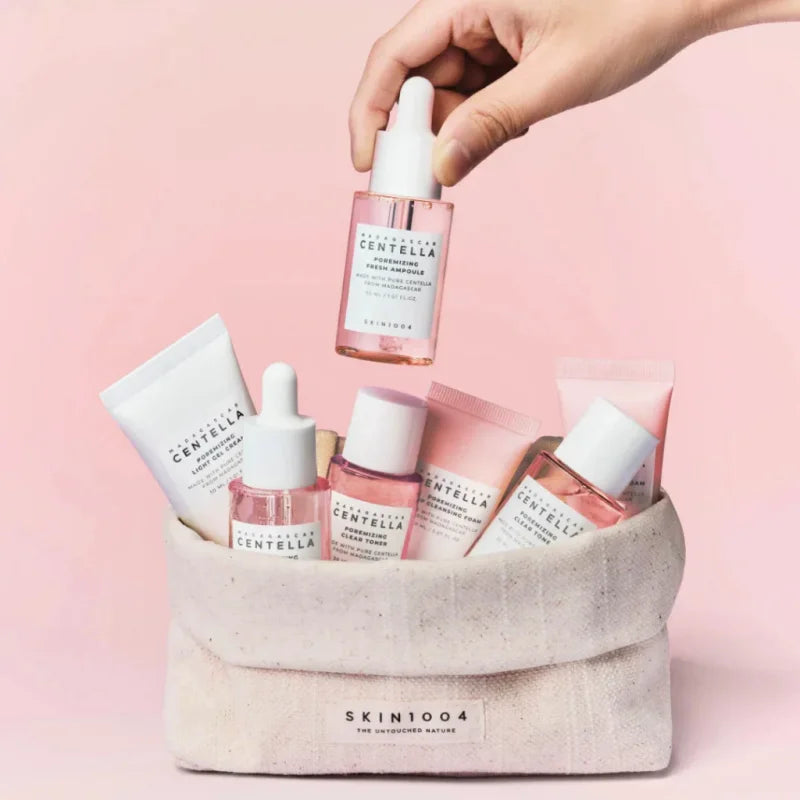 Transform Your Skincare Routine with the Korean Centella Pink Salt Travel Kit: Pore Minimizing Toner, Foam, Pore Care Fresh Ampoule, and Light Gel Cream for Radiant Skin Anywhere!